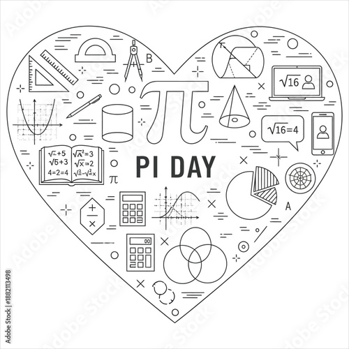 Pi day celebration with mathematical heart shaped doodles