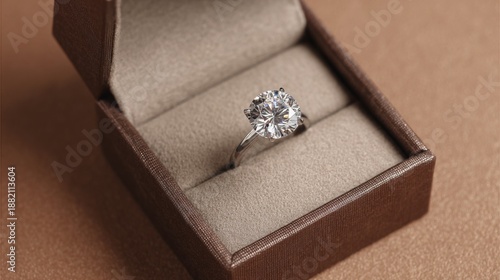 Diamond ring floating inside a jewelry gift box on a brown background 