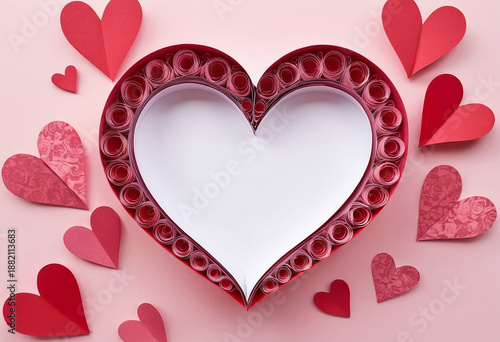 White card with red paper roses. Handmade.