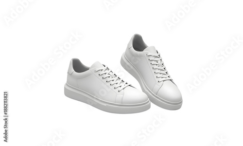 A pair of white leather sneakers with laces on a plain background