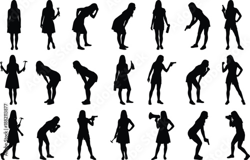 Black silhouette illustration set of women in various standing, bending, pointing, working, and action poses isolated on white background for design, concept, and graphic projects