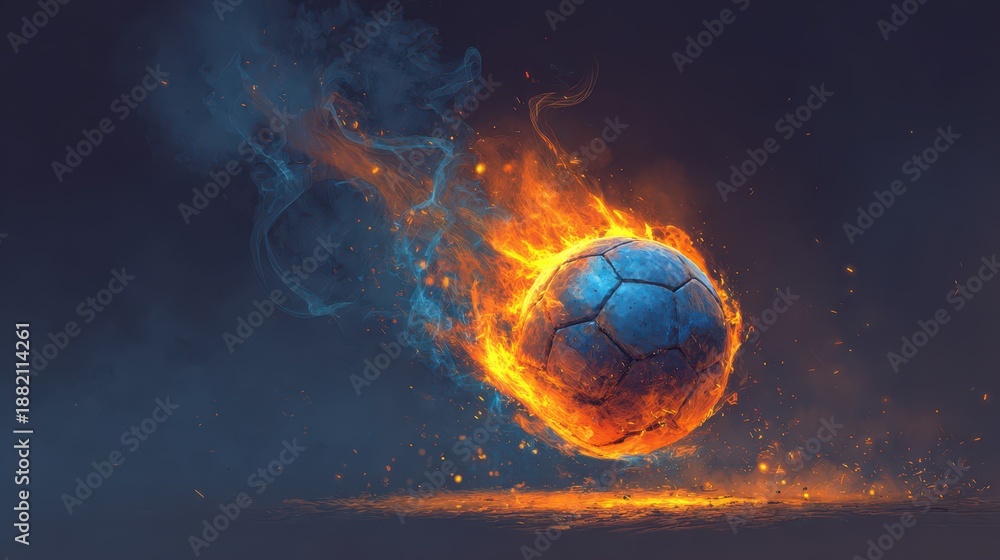 Fototapeta premium Fiery soccer ball in dynamic flames: bold digital illustration with dramatic lighting