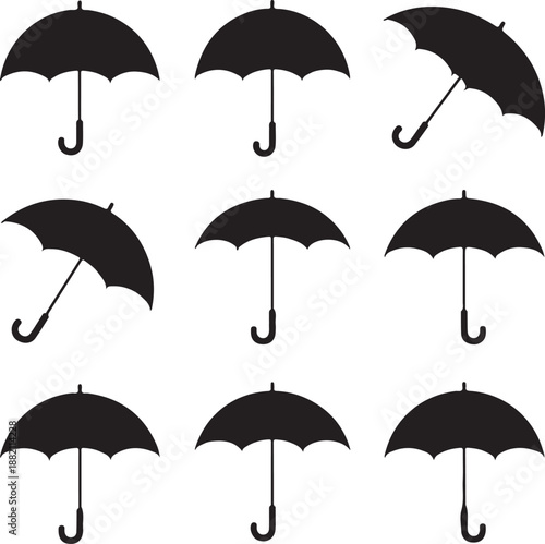 black umbrellas in various positions and angles on white background