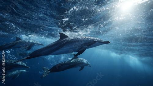 Group of bottlenose dolphins swimming underwater in blue ocean near Wolf Island, Galapagos.