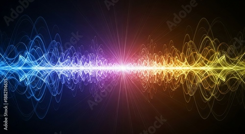 Vibrant Energy Waveform Radiating a Symmetrical Blue and Yellow Light Spectrum.