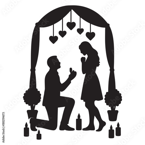 Silhouette of romantic marriage proposal with arch, candles, hearts – emotional vector scene of commitment