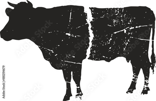 Silhouette of a cow split into two parts with a torn paper effect, vintage rustic design
