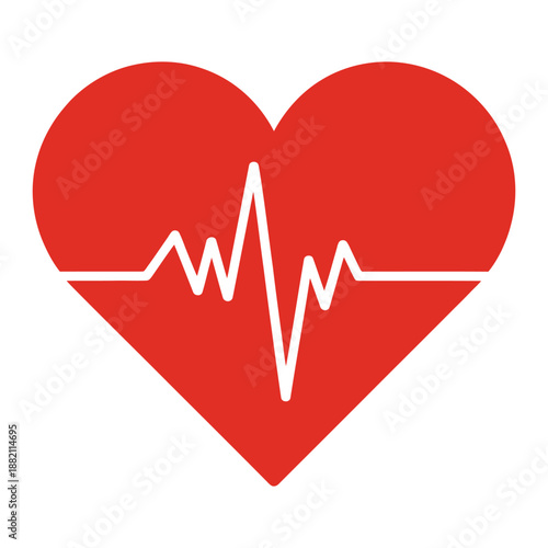 Red heart shape with electrocardiogram heartbeat line cutting through medical symbol illustration representing cardiovascular health and pulse monitoring