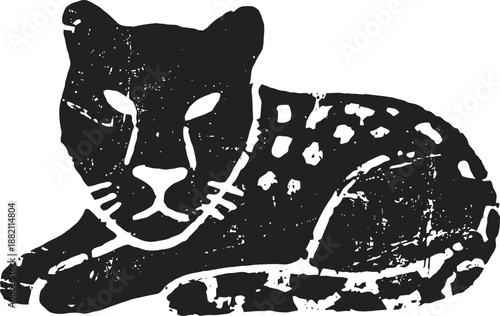 Black and white vintage illustration of a resting leopard with a textured, distressed look