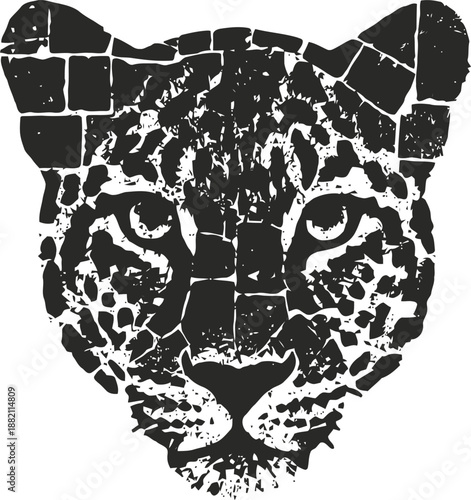 Abstract geometric jaguar face illustration with fragmented mosaic in black and white