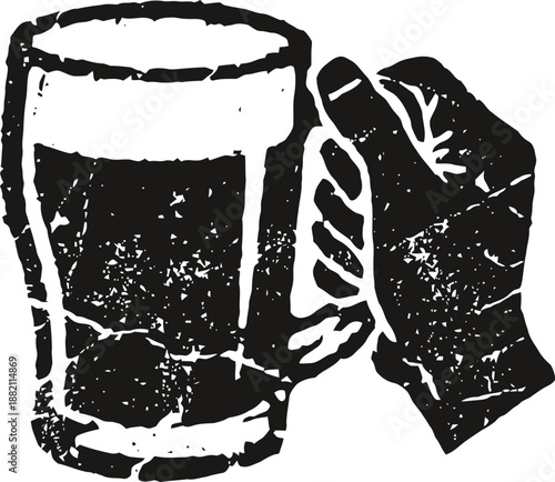 Beer mug and glove icon silhouette hand holding frothy beer glass, alcohol drink symbol