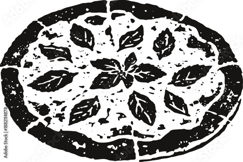 Circular pizza with basil leaves and mozzarella cheese top view illustration