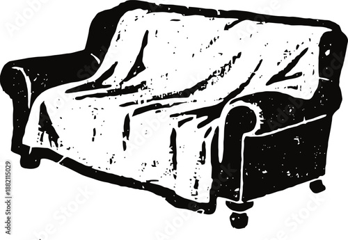 Sofa covered with protective cloth draped over couch for furniture protection and dust prevention