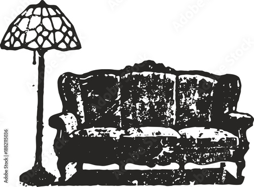 Vintage living room set with classic sofa and stained glass floor lamp silhouette