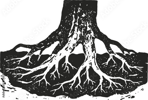 Tree roots underground, vintage botanical illustration of root system, nature plant anatomy