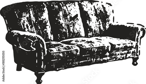 Vintage sofa illustration with textured upholstery and carved wooden legs