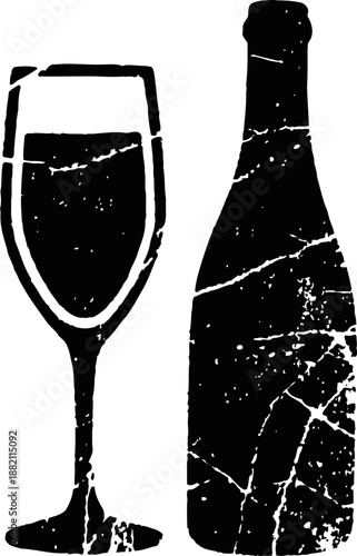 Vintage grunge wine bottle and glass silhouette with distressed texture
