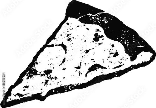 Black and white sketch of a pizza slice with melted cheese and crispy crust