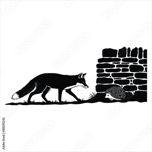 A fox exploring a brick wall with hidden objects