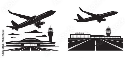 Airplane and Airport Silhouette Vector Illustration, Commercial Jet Takeoff and Landing Runway Design.