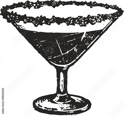 Margarita cocktail glass with salted rim illustration in vintage engraving