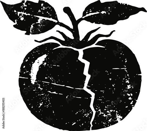 Cracked apple with leaves illustration vintage distressed fruit design in black and white