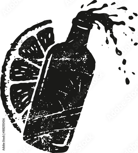 vintage tequila bottle with lemon slice and splash in grunge