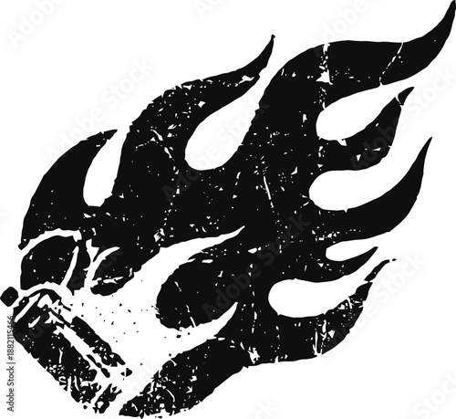 grunge flaming skull with horns, dark gothic fire emblem, vintage distressed design