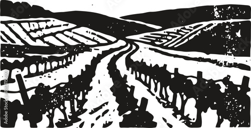 Black and white colorful hillside vineyard woodcut landscape with rows of grapevines