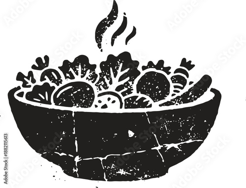 hot vegetable soup bowl with steam rising, warm healthy vegan meal illustration