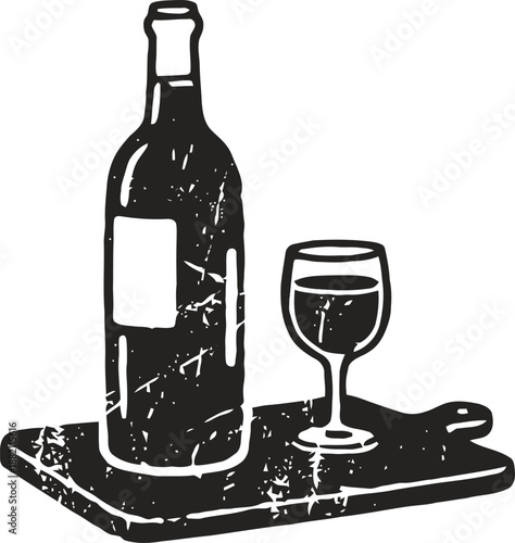 Vintage illustration of wine bottle and glass on wooden serving board with rustic texture