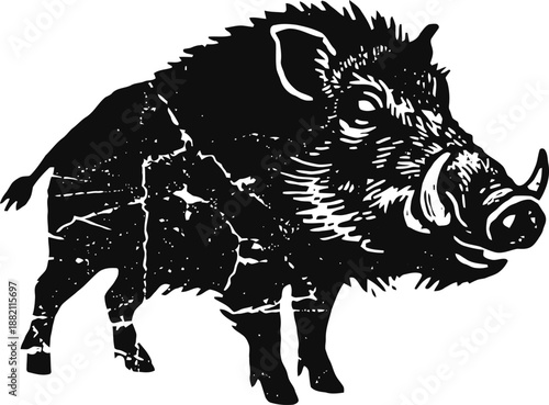 wild boar silhouette illustration with detailed fur and tusks design in black and white