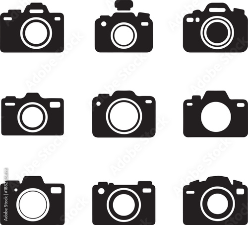 collection of black and white camera icons in different styles and shapes