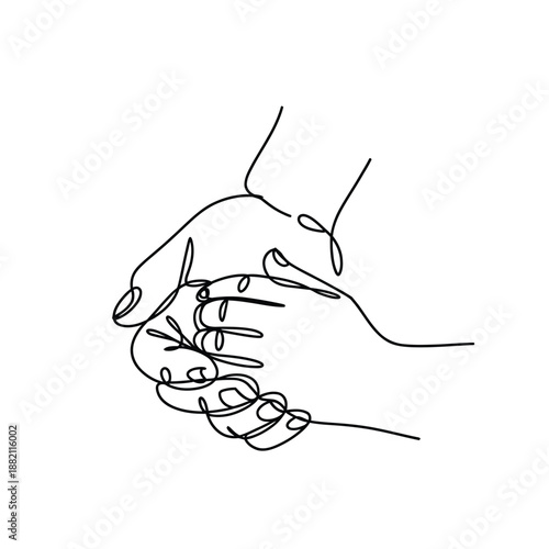 a single line drawing depicting two hands clasped together in a gesture