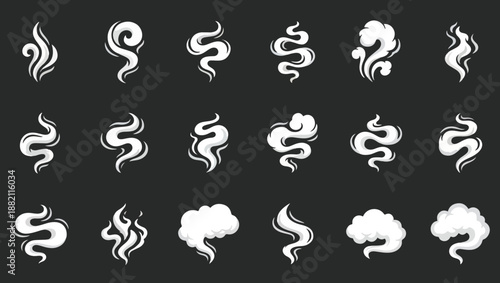 Stylized Smoke & Steam Vector Illustration Set, smoke illustrations, steam vector, vapor shapes, mist design, abstract smoke, white smoke, curved vapor, fluid motion, magic effects, fog elements, 