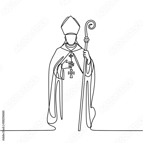 a continuous line drawing depicting a bishop holding a cross and staff