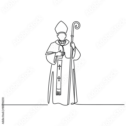 a single line drawing depicting a bishop holding a staff