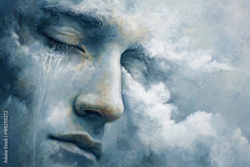 Wallpaper Mural A calm face emerging from swirling blue clouds with soft tears drifting upward in a tranquil atmospheric scene Torontodigital.ca