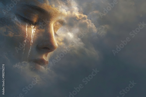 Wallpaper Mural A serene woman’s face with shimmering tears fading into sunlit clouds creating a poetic surreal impression Torontodigital.ca