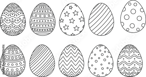 Black and white Easter eggs with unique decorative patterns including stars, stripes, dots, and zigzags, ideal for festive design and seasonal vector artwork.