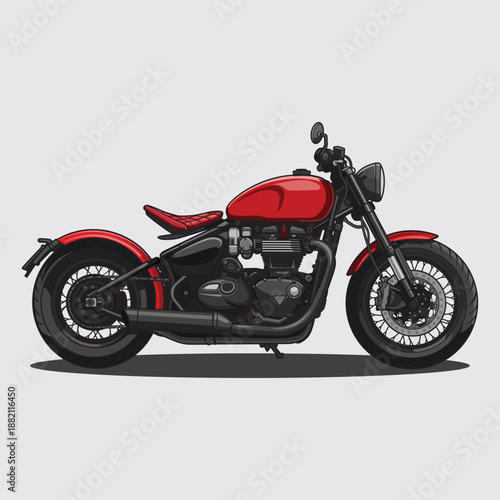 Vector illustration of a red vintage custom motorcycle in classic cafe racer style with detailed engine, spoked wheels, and retro design