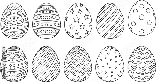 Black and white Easter eggs with unique decorative patterns including stars, stripes, dots, zigzags, and waves, perfect for festive design and seasonal artwork.