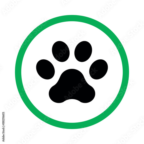 Pet paw print in green circle sign on white background. Veterinary care, animal symbol. 