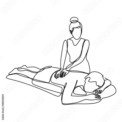 a single line drawing depicting a massage therapist giving a back massage