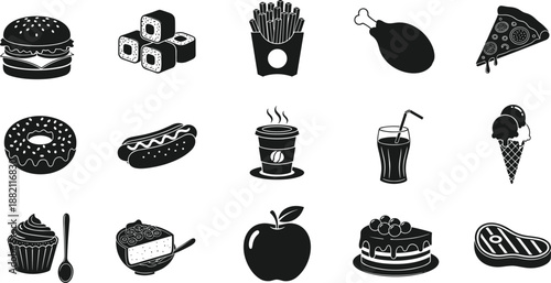 Black and white food icon set featuring 16 stylized items including fast food, desserts, drinks, and fruits, ideal for menu design and UI elements.