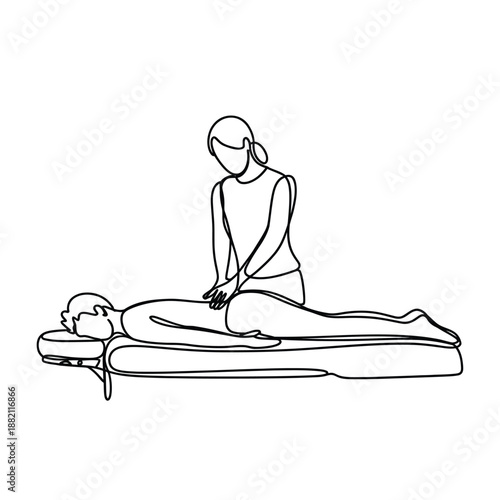 a continuous line drawing depicts a person receiving a back massage