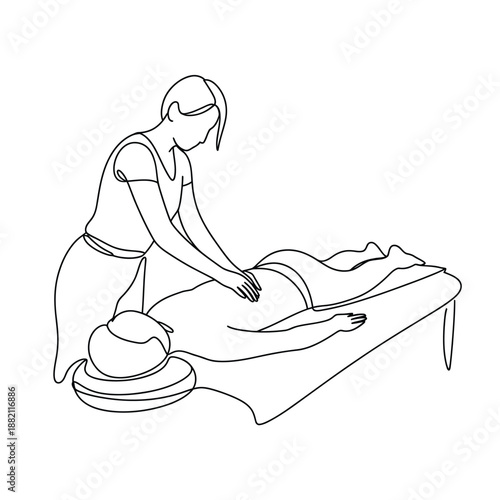 a continuous line drawing depicting a massage therapist giving a back massage