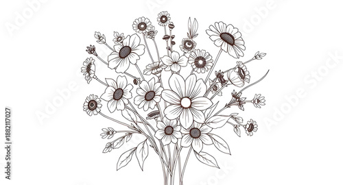wildflowers, bouquet, floral, flowers, lineart, outline, sketch, handdrawn, botanical, botany, plant, nature, meadow, garden, bloom, blossom, petals, stems, leaves, organic, natural, rustic, romantic,