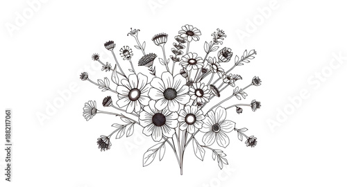 wildflowers, bouquet, floral, flowers, lineart, outline, sketch, handdrawn, botanical, botany, plant, nature, meadow, garden, bloom, blossom, petals, stems, leaves, organic, natural, rustic, romantic,