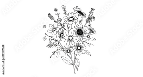 wildflowers, bouquet, floral, flowers, lineart, outline, sketch, handdrawn, botanical, botany, plant, nature, meadow, garden, bloom, blossom, petals, stems, leaves, organic, natural, rustic, romantic,